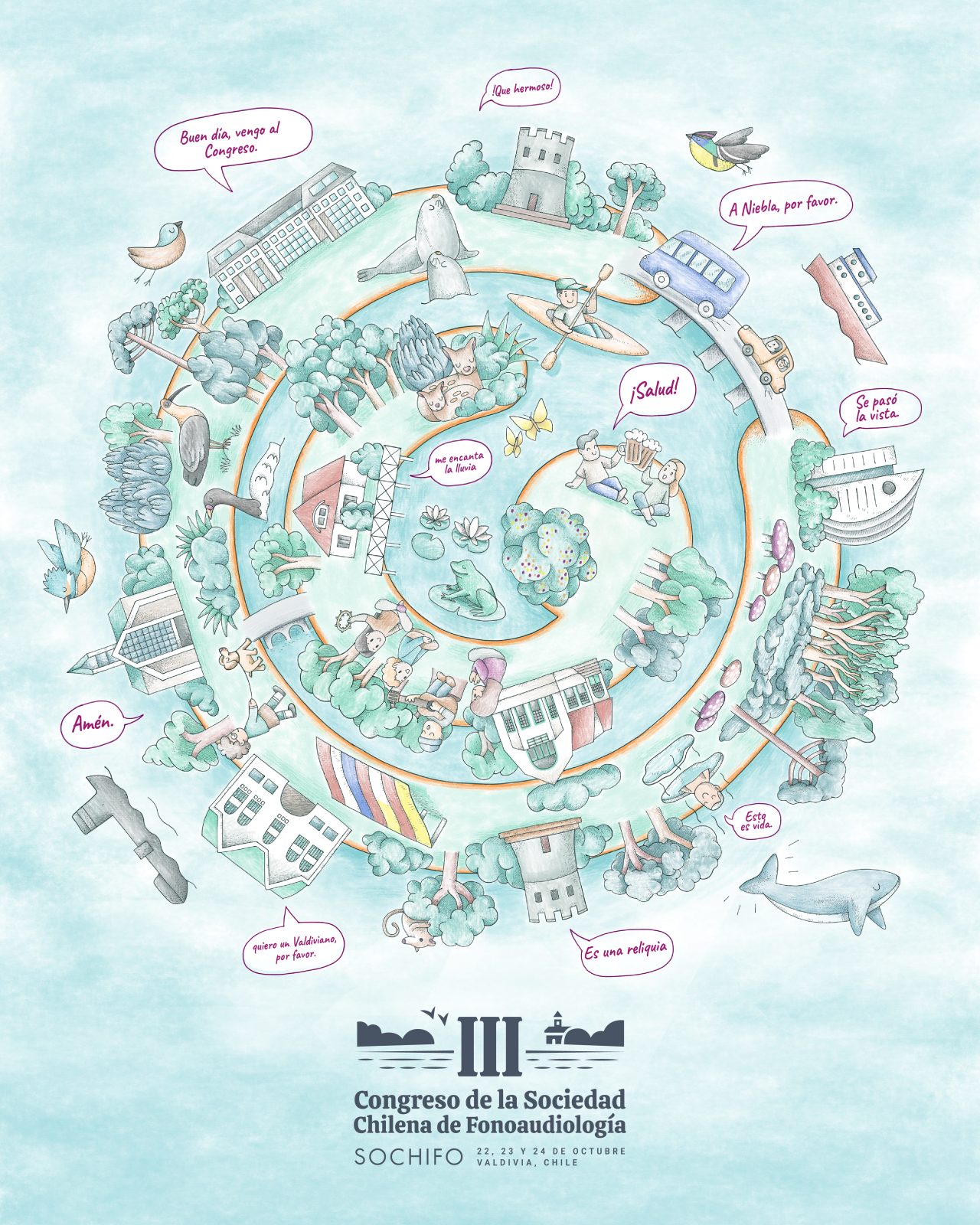Afiche oficial del III Congreso de la Sociedad Chilena de Fonoaudiología 2026 en Valdivia, dedicado a la innovación disciplinar y las tecnologías a lo largo del curso de la vida.