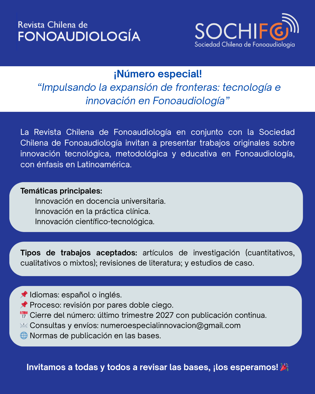Afiche oficial de la convocatoria al número especial sobre tecnología e innovación en Fonoaudiología de la Revista Chilena de Fonoaudiología en colaboración con SOCHIFO.